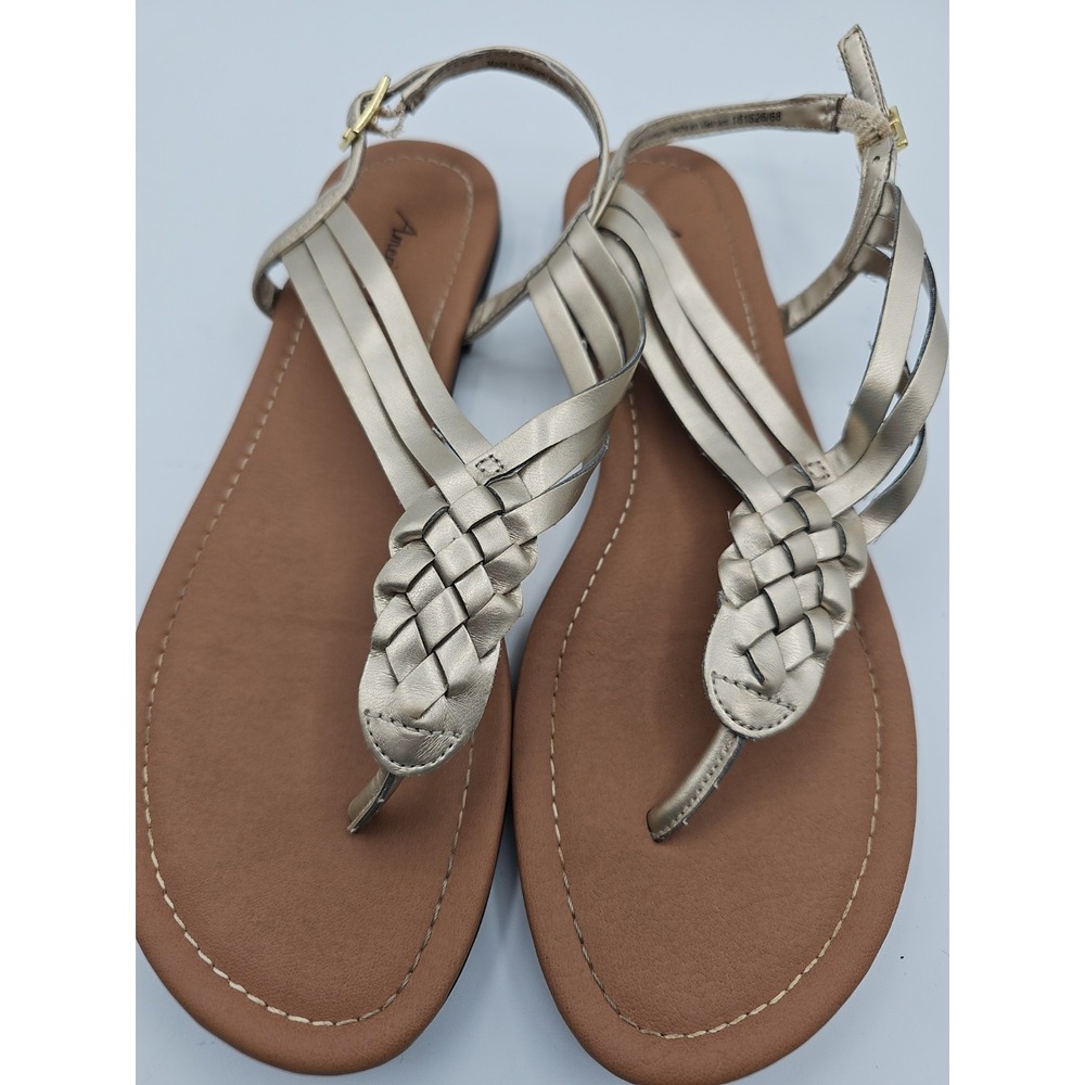 American Eagle Metallic Gold Braided T-Strap Sandals Buckle Women's Size 7